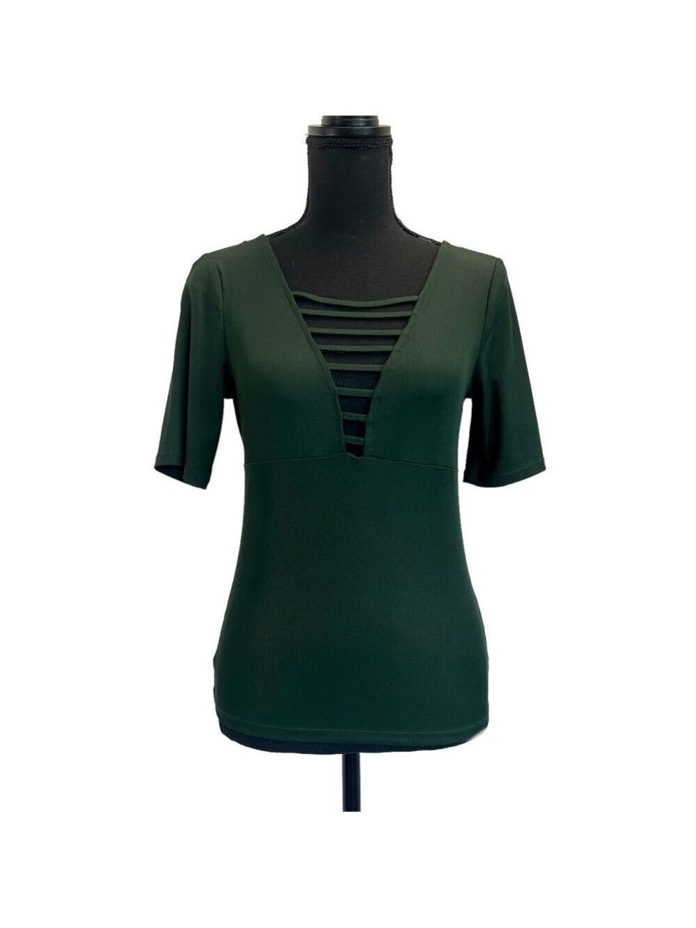 H&m dark forest green short sleeve lightly ribbed V-neck top Sz S
